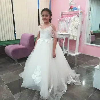 

Ivory White Flower Girl Dress for Wedding Party Straps Top Puffy A-Line Girls Birthday Dress Pageant Gown