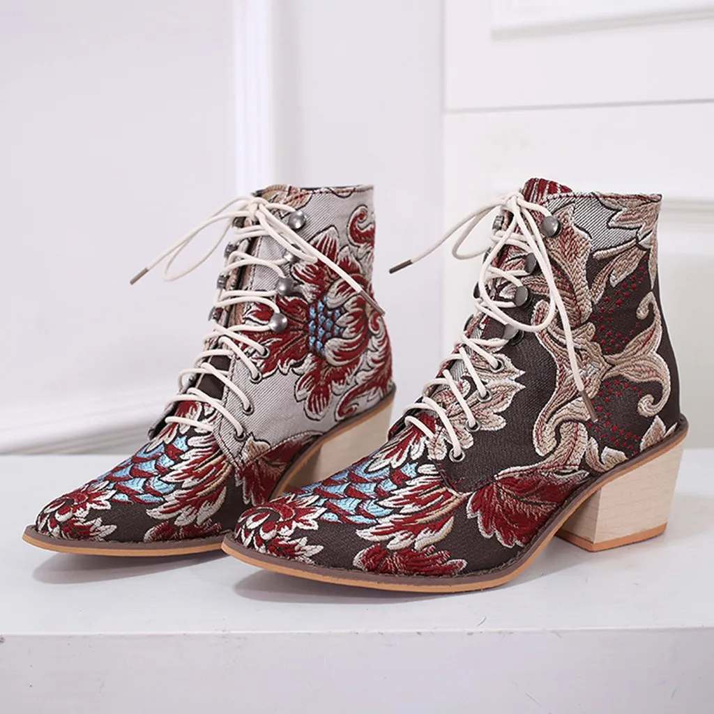 

Stylish Retro Women Ethnic Chelsea Boots Embroider Winter Exotic Ankle Boot Lace Up Pointed High Heel Shoes Cowboy Botas Mujer