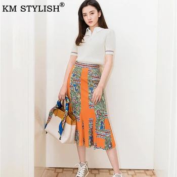 

Women 2 piece Sets 2020 Spring Summer Slim Hollow Knit Tops Printed Mermaid Skirt Slim Two-piece Suit