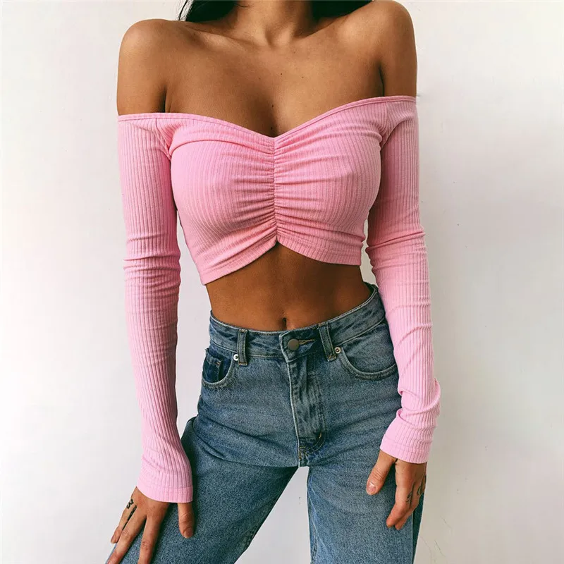 Women's Long Sleeve T shirt Summer Fashion Casual Sexy Off Shoulder Solid Color Umbilical Exposure Sexy Tops