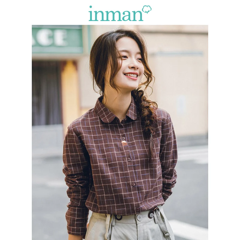 INMAN Spring Autumn 100%Cotton Retro Plaid Turn Down Collar Slim Literary Elegant All Matched Women Blouse INMAN Spring Autumn 100%Cotton Retro Plaid Turn Down Collar Slim Literary Elegant All Matched Women Blouse