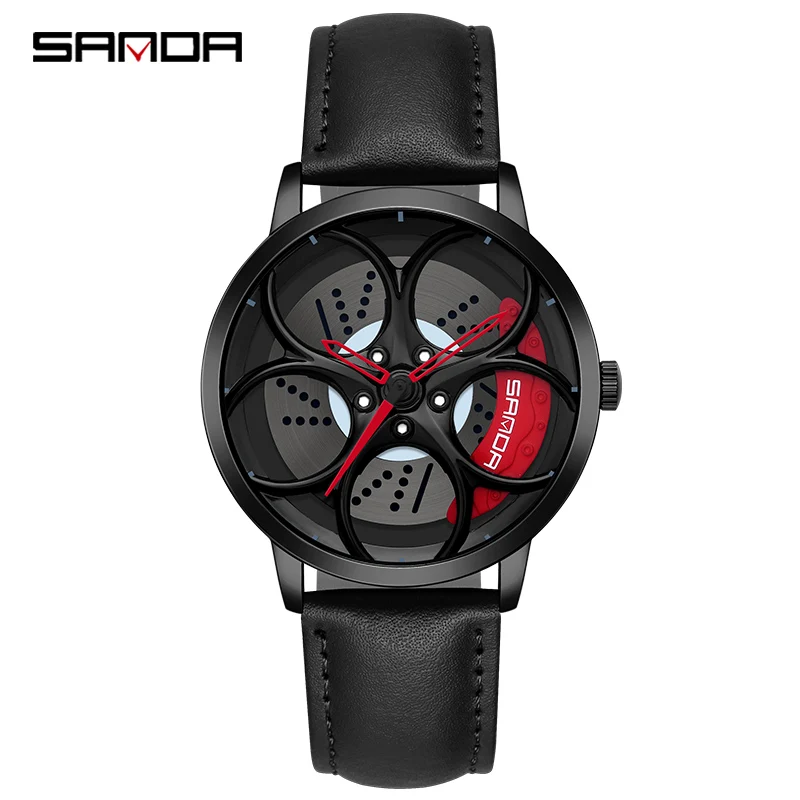 SANDA New Arrival Car Spinning Rim Hub Watche Custom Design Quartz Wristwatch Waterproof Car Wheel Watch Volk Racing Rays 