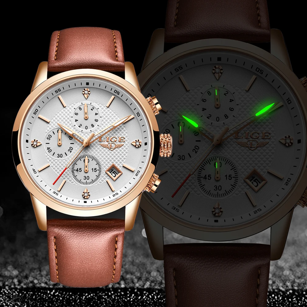 

New LIGE Watch Men Sport Chronograph Quartz Clock Mens Watches Leather Diamond Dial Business Waterproof Watch Relogio Masculino
