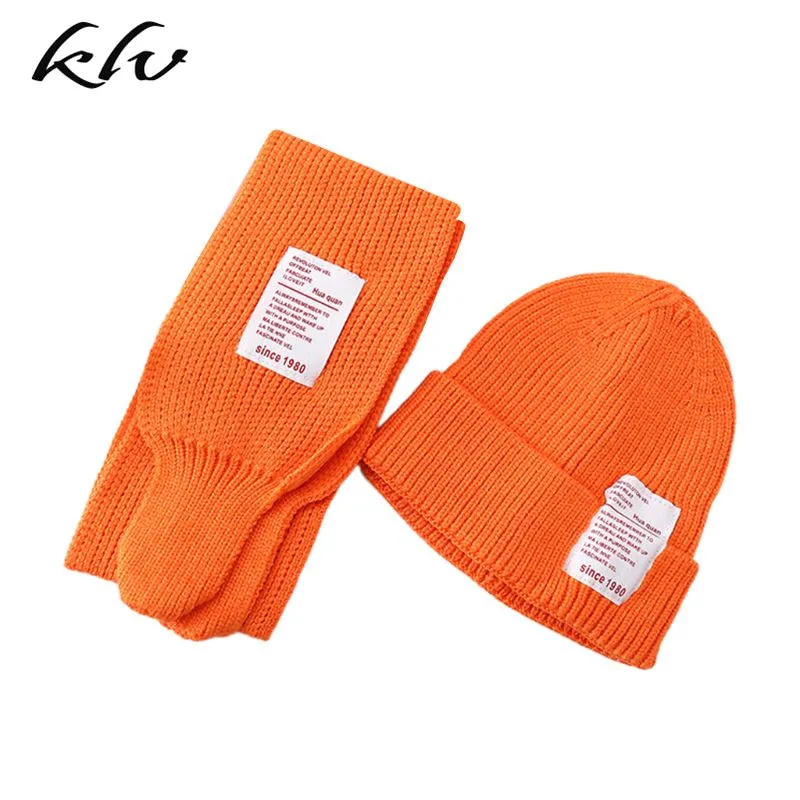 4 2Pcs Kids Baby Winter Hat Long Scarf Set Candy Color Letters Patch Beanie Cap - Цвет: 4