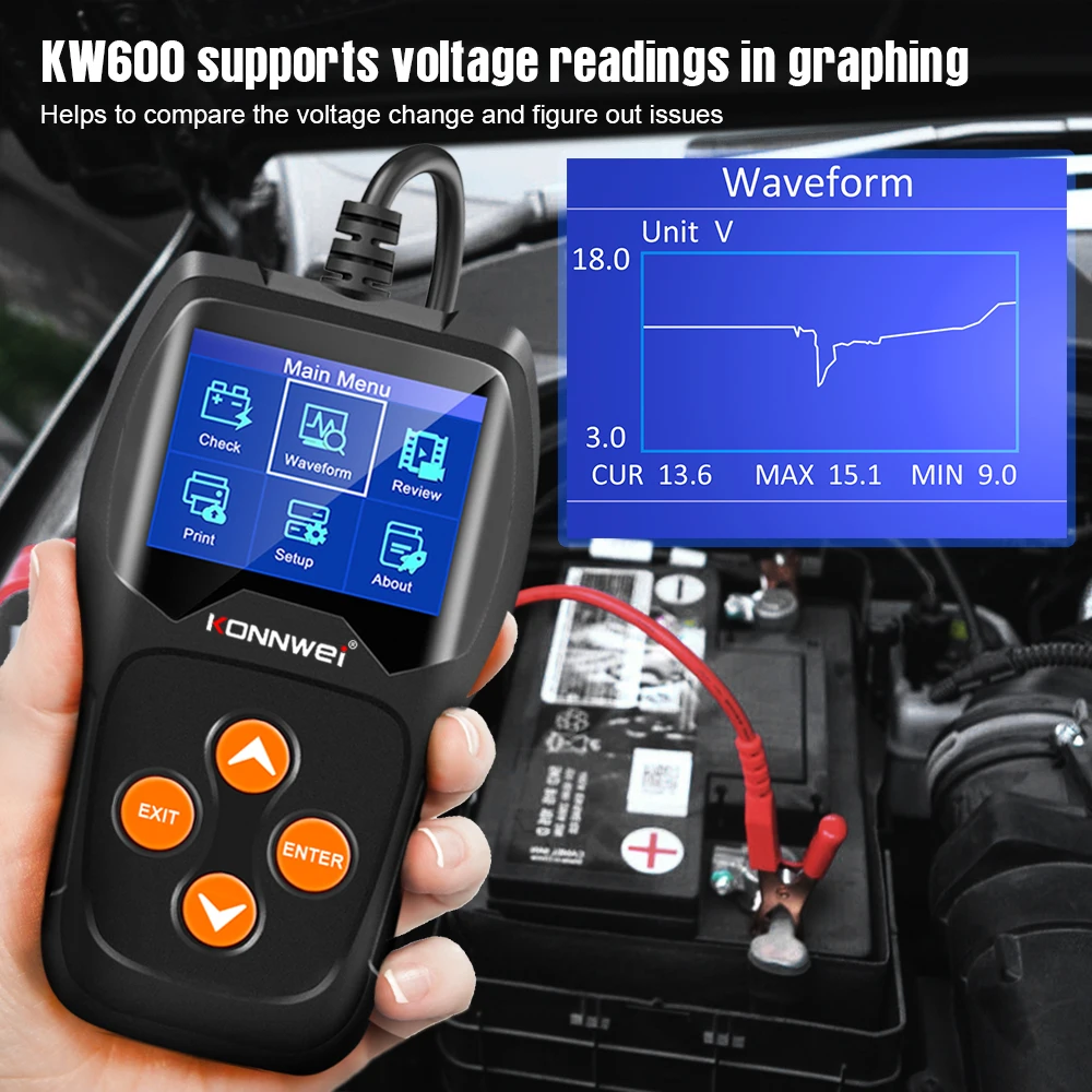 KONNWEI KW600 Батарея Тестер 12V для автомобиля 100 2000CCA Системы анализатор быстрое