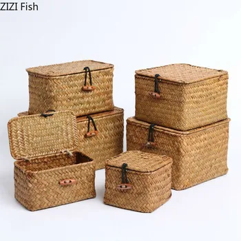 

Square Desktop Storage Basket Handmade Straw Bread Fruit Storage Box with Cover Chinese Style Sundries Clothing Organizer