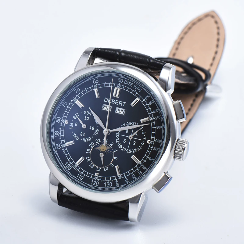 Debert42mm механические часы с черным циферблатом 316LSS чехол фаза Луны календарь& Неделя& месяц& год 24 часа Автоматические Мужские механические часы