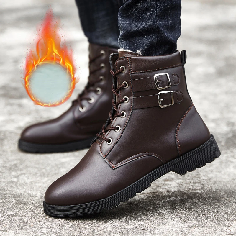 

New Winter Men's Plus Velvet Ankle Boots Waterproof Martins Outdoor Breathable City Snowshoes Leather Black Casual Walking Shoes