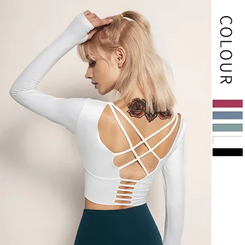 

Gym Sports Jersey mujer Yoga Top Workout Backless Sweat T-shirt women Fitness Tshirt Red Long Sleeve Tee Shirt Running Sport