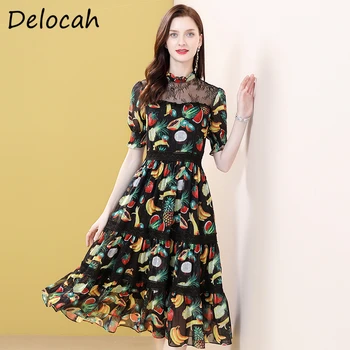 

Delocah Summer Women Fashion Designer A-Line Dress Lantern Sleeve Lace Fruit Printed Slim Female Chiffon Midi Dresses vestidos