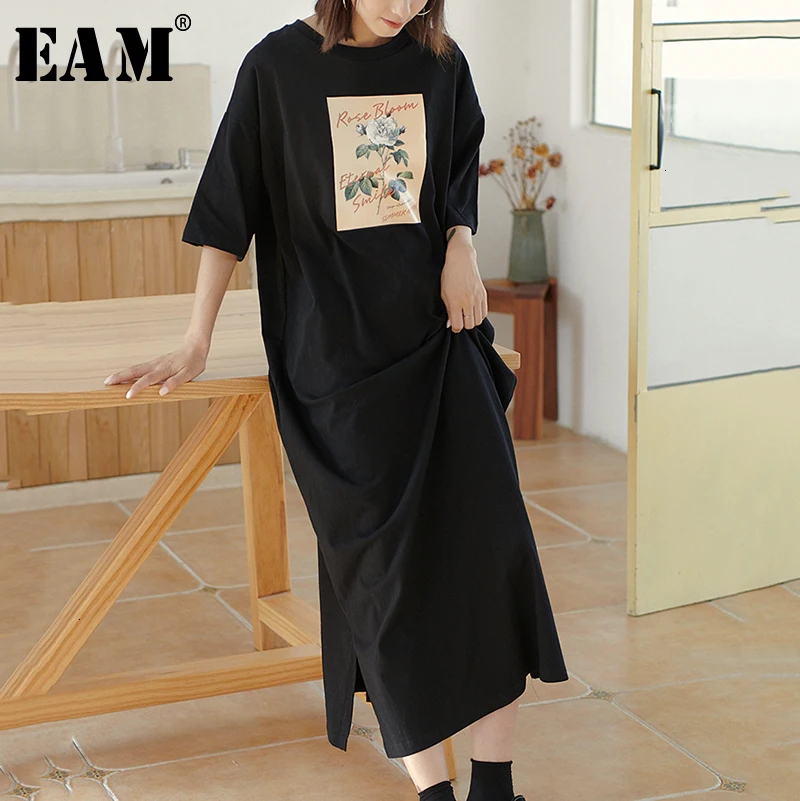 

[EAM] Women Black Pattern Print Big Size Long Dress New Round Neck Half Sleeve Loose Fit Fashion Tide Spring Autumn 2019 1D405