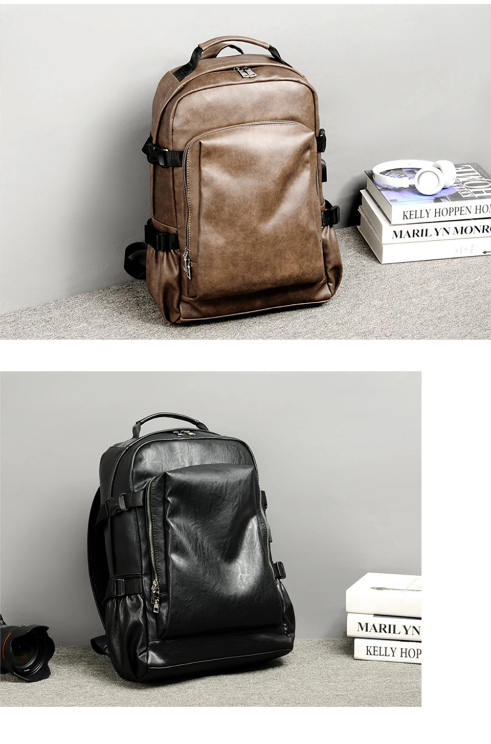 PU Leather Backpack USB Charger Men Bag Male Back Pack School Student Waterproof Laptop Bags Notebook Man 15.6 for Teenager Boys (3)