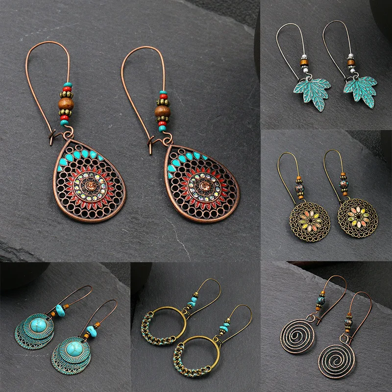 

Bohemian Drops Flower Round Spiral Woven Leaves Earrings Vintage Engraving Charm Jewelry