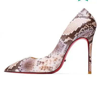 Женские туфли-лодочки на высоком тонком каблуке с красной подошвой и острым носком пикантные Вечерние туфли на высоком тонком каблуке под змеиную кожу с закрытым носком; большие размеры 34-43 - Цвет: apricot 10cm