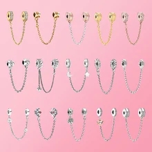 Hot Selling Pandora Safety Chain Round Love Heart Full Rhinestone Cufflinks DIY Fixed Chain Ladies Bracelet Jewelry Accessories