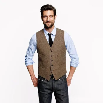 

Vintage Brown Groom Vests For Rustic Wedding Tweed Herringbone Mens Suit Vests Slim Fit Men's Dress Vest Custom Waistcoat Adjust