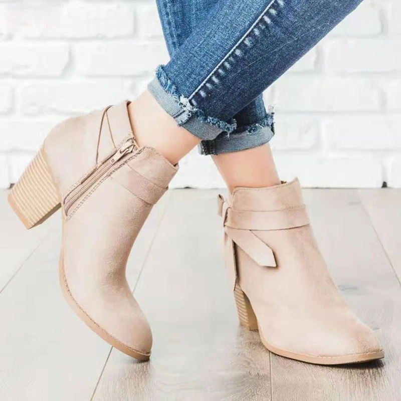 PUIMENTIUA/женские ботильоны осенние женские ботинки на квадратном каблуке ботинки на высоком каблуке Женская обувь ботинки на молнии размера плюс женская обувь - Цвет: beige