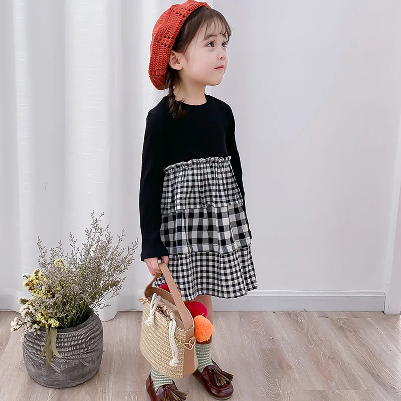 Новое Осеннее цельнокроеное клетчатое платье для девочек милое платье с длинными рукавами