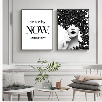 

Nordic Style Poster Wall Poster Prints Black and White Butterfly Woman Wall Art Canvas Wall Pictures Paintings No Framed