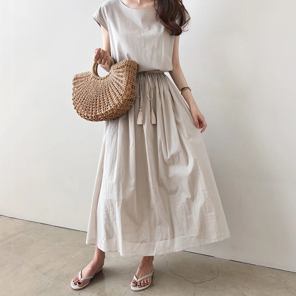 Boho Летнее пляжное женское Однотонное Платье макси с кисточками и завязками с коротким рукавом