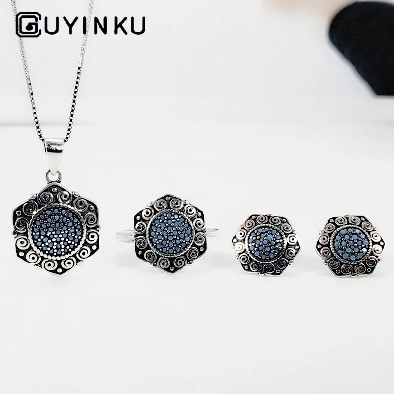 

S925 Sterling Silver Ring Female Ethnic Style Mosaic Handicraft Fine Jewelry Set Vintage Necklace Earrrings