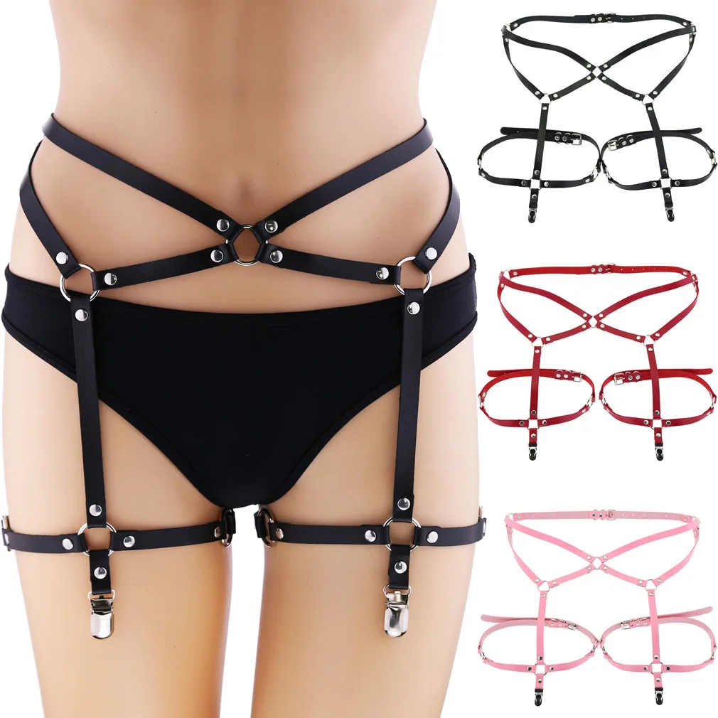 

Harajuku style PU leather belt garter belt integrated hip-hop nightclub show bondage harness sexy leg loop garter clip
