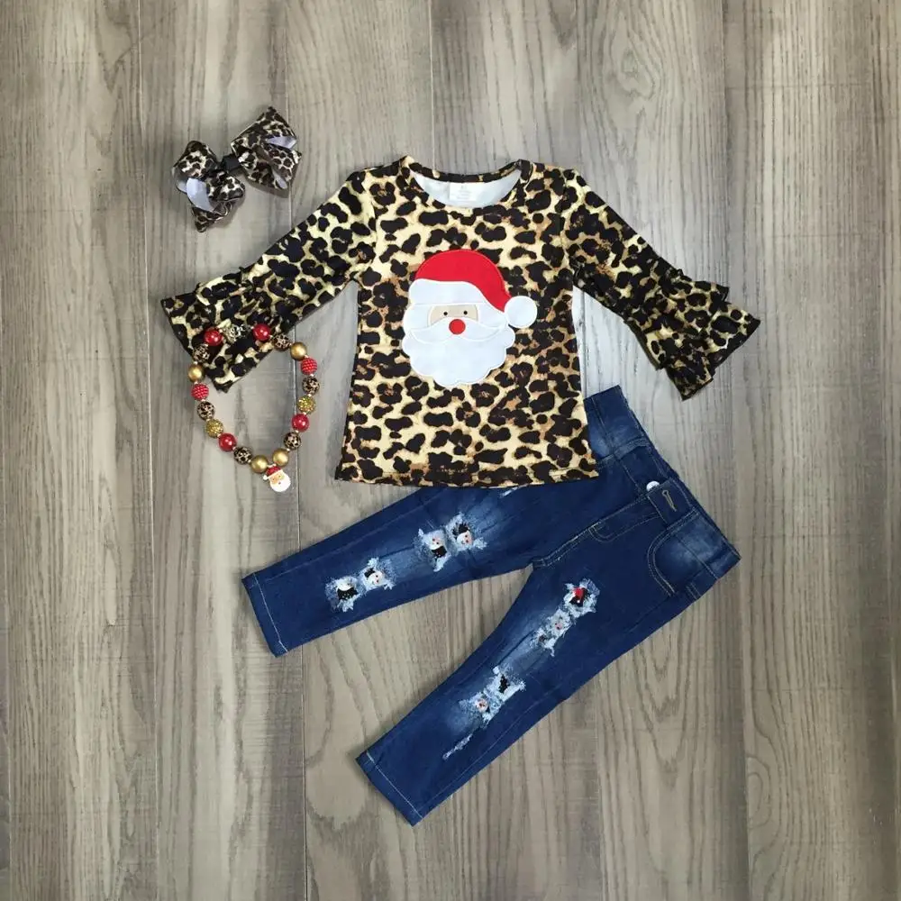

Christmas Fall/Winter baby girls Santa claus leopard outfits jeans pants clothes ruffles boutique sets match accessories