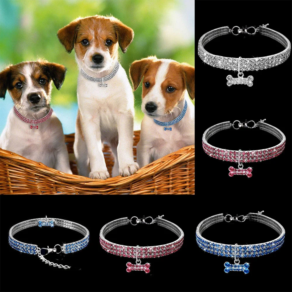 

1PCS 3 Rows of Rhinestone Stretch Line Pet Necklaces Dog Cat Necklaces Crystal new