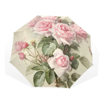 

Vintage Shabby Floral Women Rain Umbrella Chic Pink Rose Three Folding Girl Durable Portable Umbrellas Automatic Rain Gear
