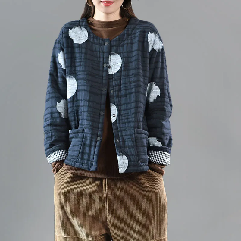 

Ancient Coffee Clothing Winter Style Literature And Art Dotted Print Short Jacket Cotton-padded Clothes Loose-Fit Versatile Cott