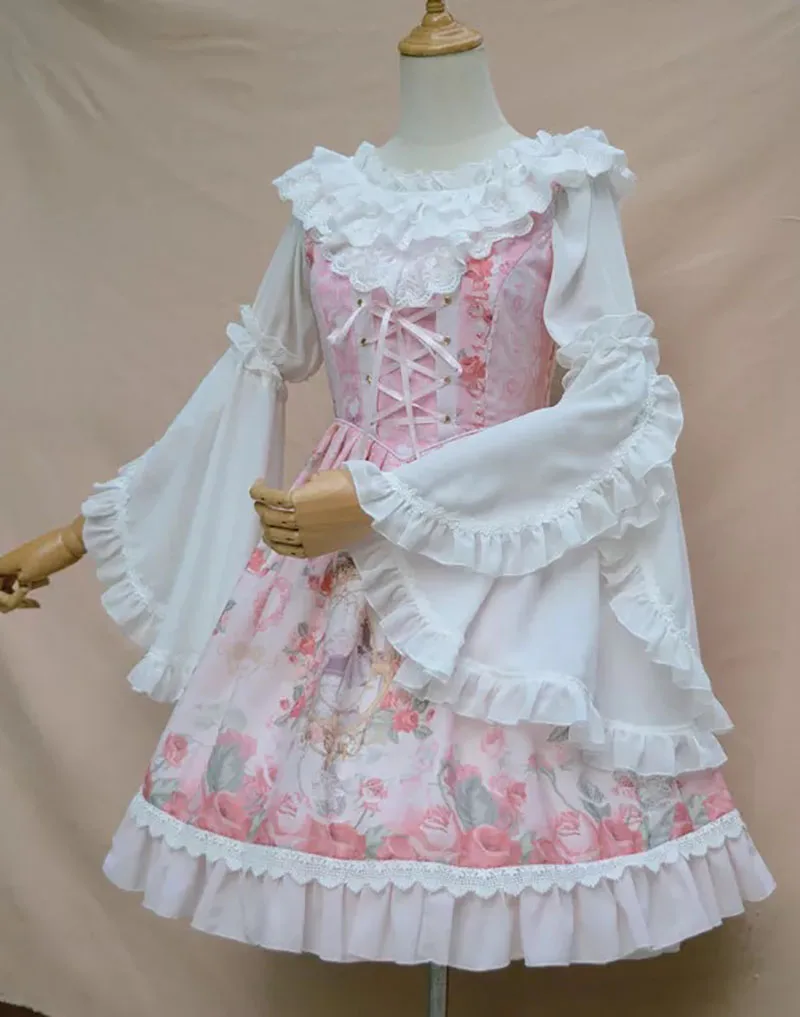 Lolita Blouses Ladies Sweet Lolita Lace Blouse Neverland Chiffon Loose Layered Crop Tops Victoria Costume Long Bell Sleeves For Women Oversize