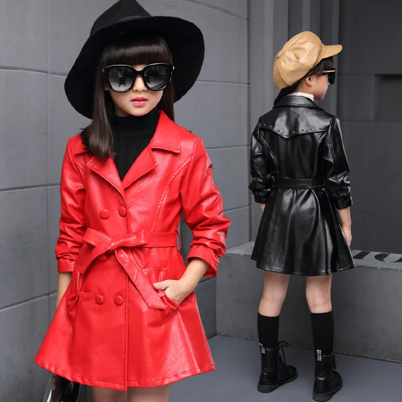 Пальто для девочек кожаное пальто Новинка года, стильное осеннее кожаное пальто средней длины в Корейском стиле для маленьких девочек