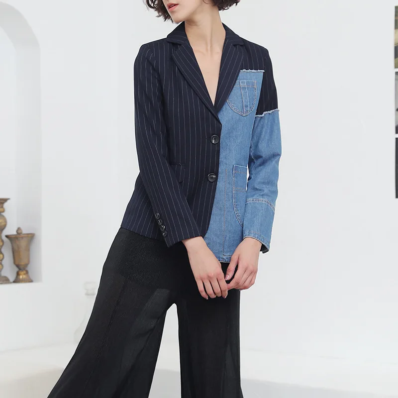 JRHYME Cool Girl Asymmetric Striped Denim Patchwork Blazer Two Buttons Women Autumn Blazers And Jackets | Женская одежда