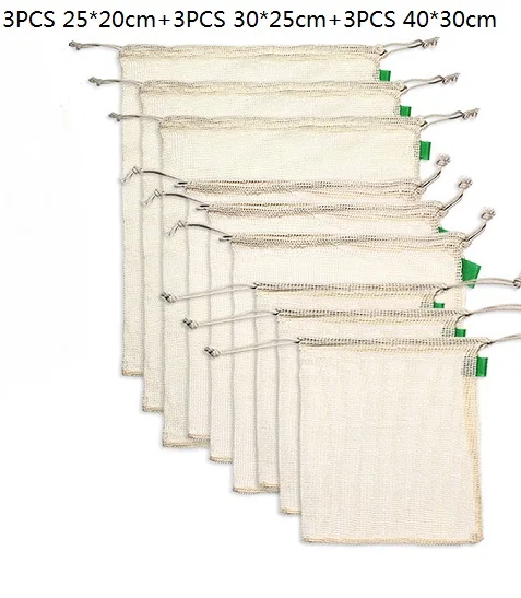 small-large 9PCS 9 шт./компл. органический хлопок сетки производят сумки многоразовые моющиеся хранения крутящееся насекомое для покупок Мясорубка фрукты овощи - Цвет: small-large 9PCS