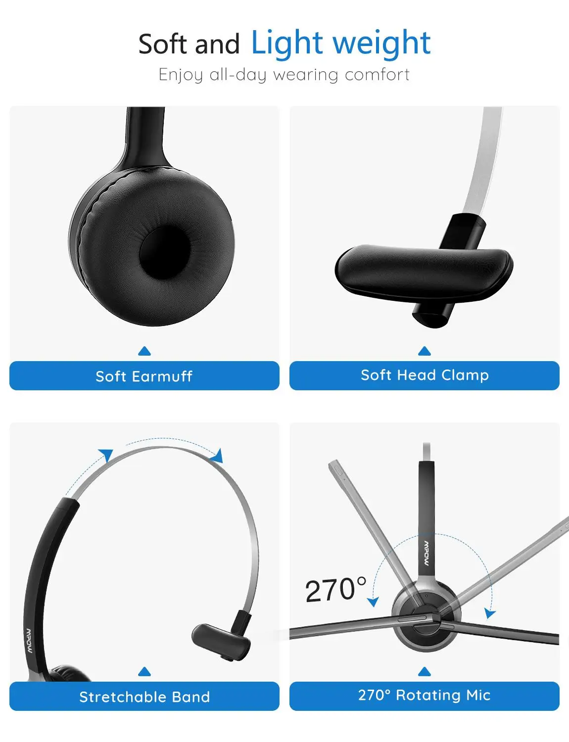 Mpow Bluetooth Headset for Trucker Office Headset with Noise-Suppressing Mic Bluetooth4.1 180H Charging Base Traffic Headset