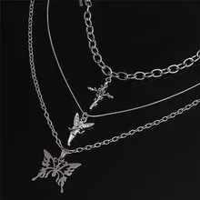 3pcs/set Butterfly Rose Angel Cross Pendant Necklace Silver Multilayer Women Choker Long Chain Necklaces Harajuku Punk Jewelry