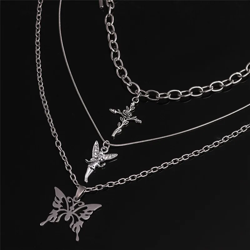 3pcs/set Butterfly Rose Angel Cross Pendant Necklace Multilayer Women Choker Long Chain Necklaces Harajuku Punk Jewelry