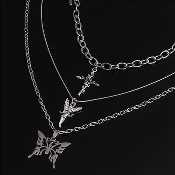 3pcs/set Butterfly Rose Angel Cross Pendant Necklace Multilayer Women Choker Long Chain Necklaces Harajuku Punk Jewelry