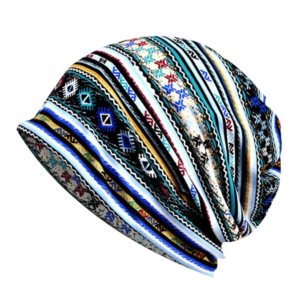 Женские шапки Boho Beanie, зимняя уличная ветрозащитная шапка, Повседневная водолазка с цветочным принтом, шарф и ворсовая шапка 10,22 - Color: Blue