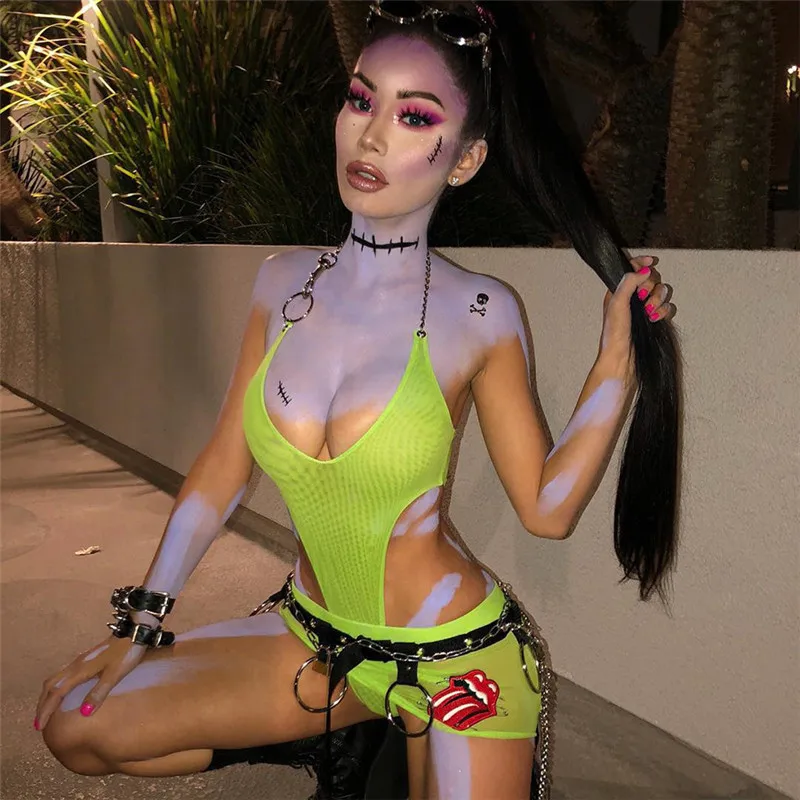 Летнее Открытое сексуальное боди для женщин цепь выдалбливают Bodycon Твердые бинты сексуальное боди комбинезон комбинезоны уличная