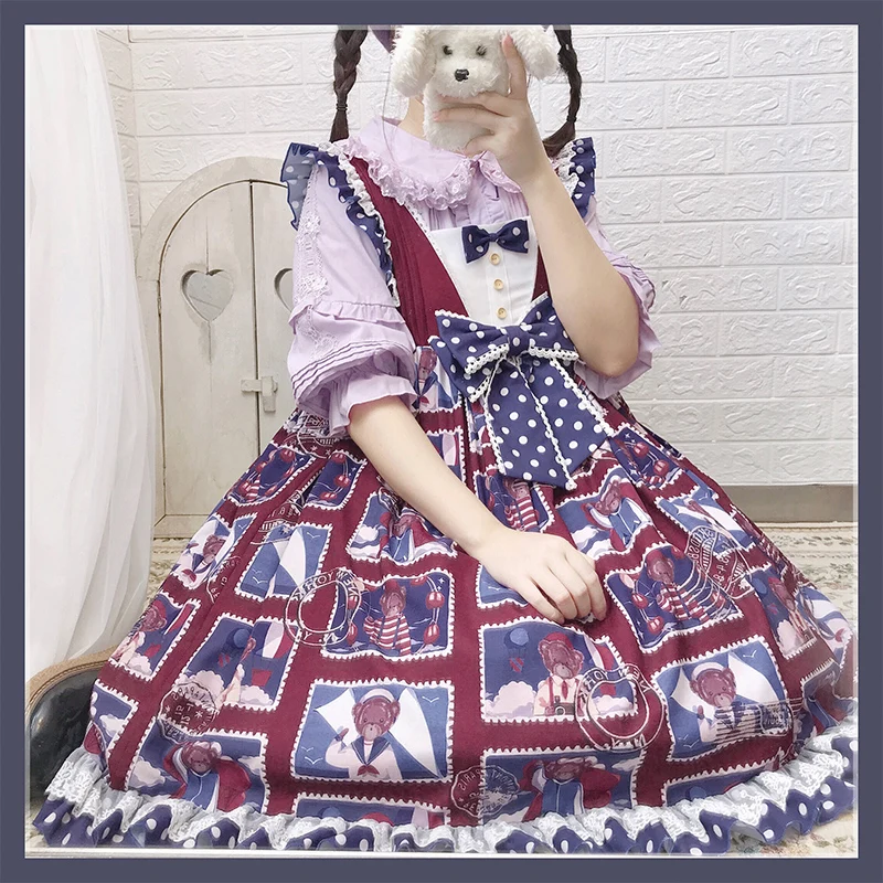 

Princess tea party sweet lolita dress retro lace bowknot high waist cute printing victorian dress kawaii girl gothic lolita jsk