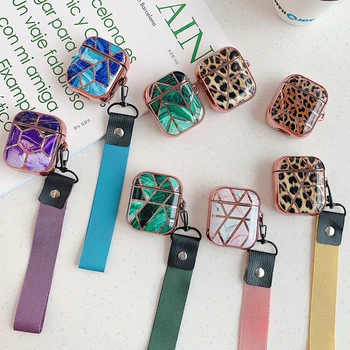 

For Airpods 1 2 Fashion Marble Case for Apple Airpods 2 Leopard Pattern Grid Plating Wireless Earphone Cover Lanyard Rope Strap