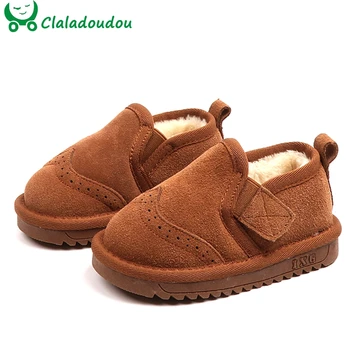 

13.5-18cm Kids Genuine Leather Winter Shoes Retro Bullock Toddler Warm Plush Casual Shoes For 1-6Years Girls Boys Snow Boots
