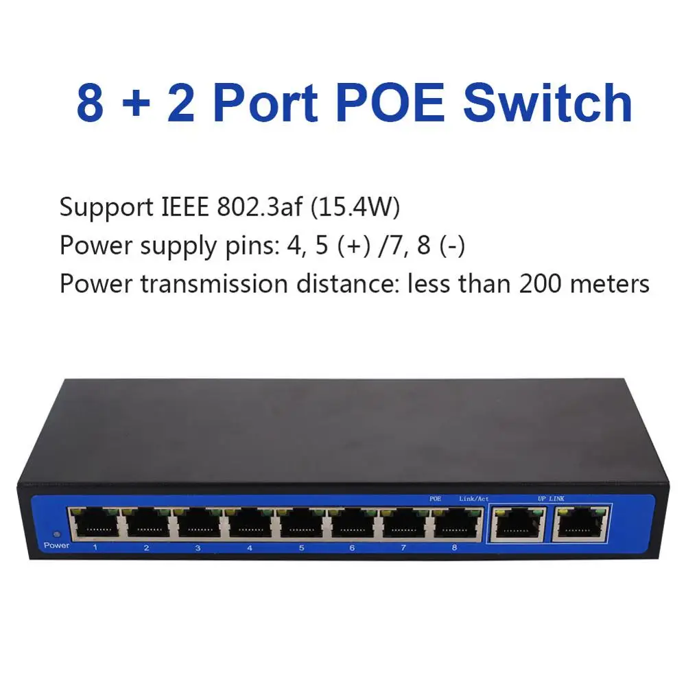 8 + 2 Порты и разъёмы POE коммутатор Gigabit 10/100/1000 Мбит/с Poe Инжектор Ieee802.3af/при активном