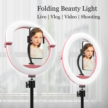 

LED Selfie Ring Light Touch Switch 2700-5600k Studio Ring Lamp With Monopod 180 Degree Foldable Photography Light For YouTube