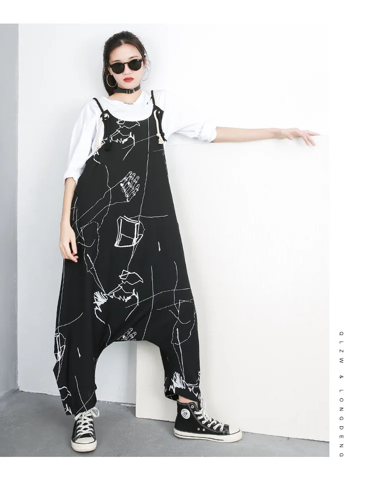 Fashion Tide Spring New Print Hanging Conjoin Jumpsuit Black Personality Street Large Size Trousers Female's Pants YG59111