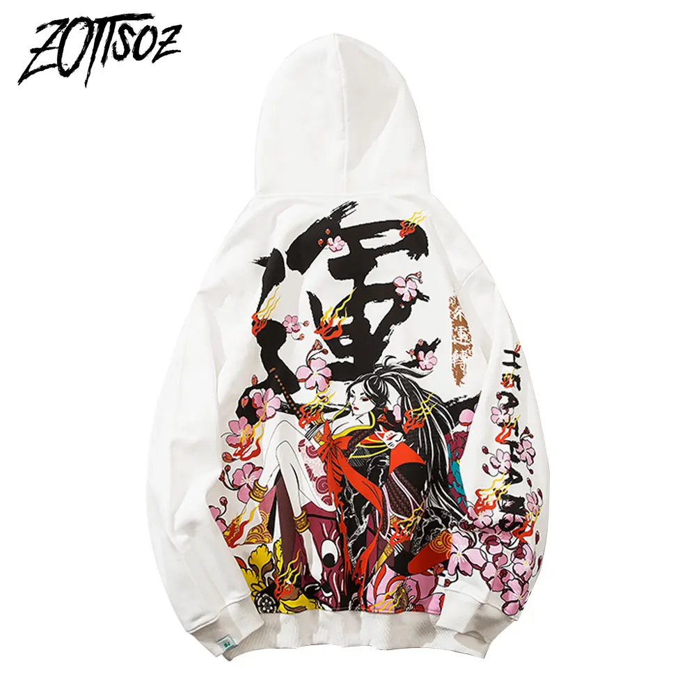 

Hoodies Mens Japanese Style Streetwear Harajuku Hip Hop Samurai Girl Cherry Blossoms Flowers Sweatshirts Fashion Casual Pullover