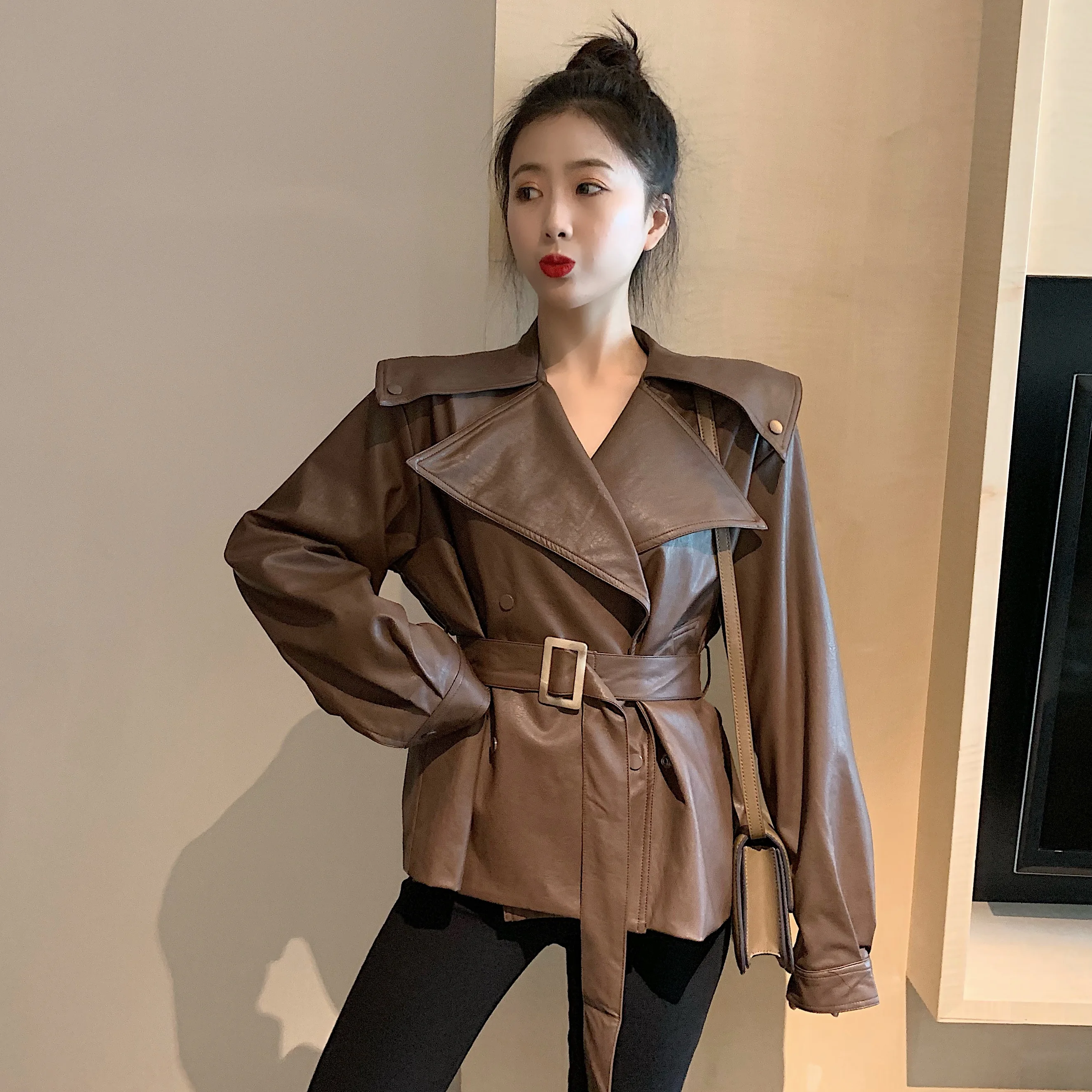 Neploe Women Vintage Faux Leather Jacket Double Breasted Sashes Pu Jacket Autumn Turn-Down Collar Solid Slim Leather Coat 55273