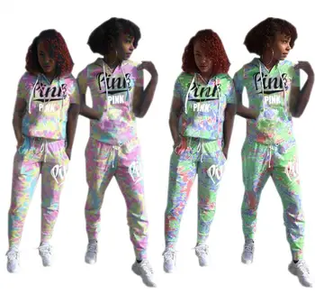 

2 piece set women woHot Selling Women Casual Sportswear Pink Letter Printed Short Sleeve Long Pants Suit Kawayi FemmeSportswear