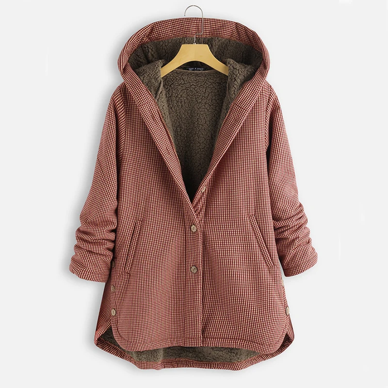 Зимнее женское пальто в винтажном стиле в клетку с длинным рукавом, теплые толстые парки размера плюс 5XL, пальто с капюшоном на пуговицах, женская зимняя куртка - Цвет: red